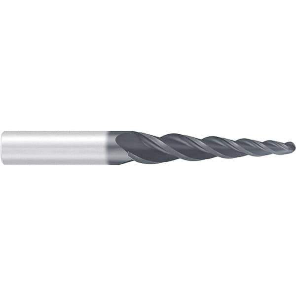 Emuge - 4° Taper Angle per Side, 2mm Small End Diam, 87mm LOC, Solid Carbide 3 Flute Tapered Ball End Mill - AlCr Finish, 150mm OAL, 16mm Shank Diam, Spiral Flute, 36° Helix - Exact Tool & Supply