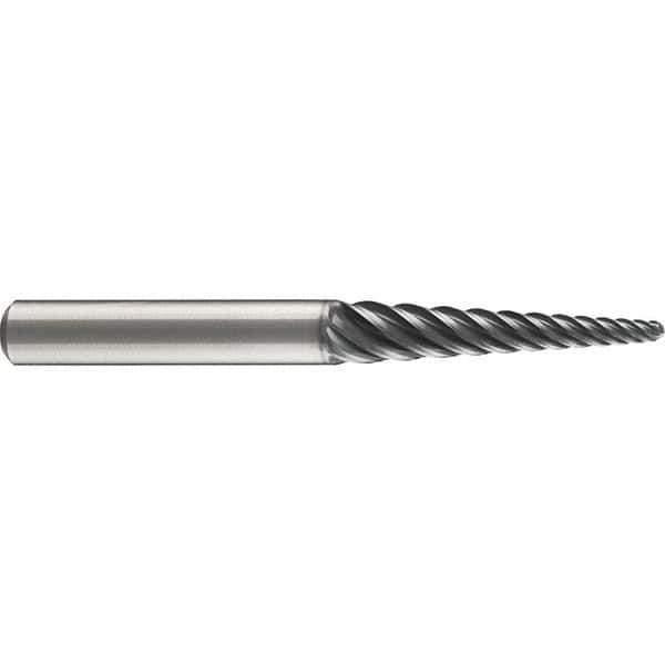 Emuge - 4° Taper Angle per Side, 3mm Small End Diam, 74mm LOC, Solid Carbide 6 Flute Tapered Ball End Mill - AlCr Finish, 140mm OAL, 16mm Shank Diam, Spiral Flute, 38° Helix - Exact Tool & Supply