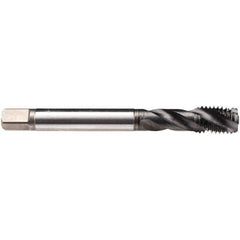 Emuge - 3/8-24 UNF, 3 Flute, 45° Helix, Plug Chamfer, GLT-8 Finish, High Speed Steel Spiral Flute STI Tap - Right Hand Flute, 3-15/16" OAL, 0.323" Shank Diam, 3B Class of Fit, Series CU51S810 - Exact Tool & Supply