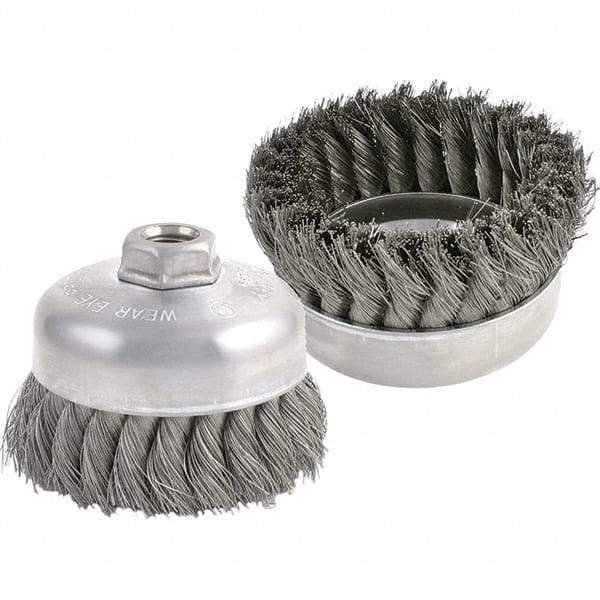 Brush Research Mfg. - 6" Diam, 5/8-11 Threaded Arbor, Carbon Steel Fill Cup Brush - 0.02 Wire Diam, 1-3/8" Trim Length, 6,600 Max RPM - Exact Tool & Supply