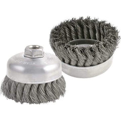 Brush Research Mfg. - 4" Diam, 5/8-11 Threaded Arbor, Carbon Steel Fill Cup Brush - 0.0118 Wire Diam, 1-1/4" Trim Length, 9,000 Max RPM - Exact Tool & Supply