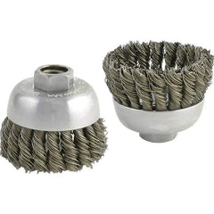 Brush Research Mfg. - 2-3/4" Diam, 5/8-11 Threaded Arbor, Carbon Steel Fill Cup Brush - 0.02 Wire Diam, 1" Trim Length, 6,600 Max RPM - Exact Tool & Supply