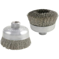Brush Research Mfg. - 6" Diam, 5/8-11 Threaded Arbor, Carbon Steel Fill Cup Brush - 0.014 Wire Diam, 1-3/8" Trim Length, 9,000 Max RPM - Exact Tool & Supply