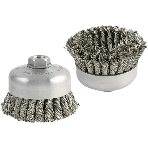 Brush Research Mfg. - 5" Diam, 5/8-11 Threaded Arbor, Carbon Steel Fill Cup Brush - 0.014 Wire Diam, 1-1/4" Trim Length, 9,000 Max RPM - Exact Tool & Supply