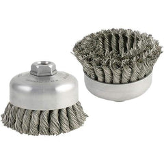 Brush Research Mfg. - 5" Diam, 5/8-11 Threaded Arbor, Carbon Steel Fill Cup Brush - 0.014 Wire Diam, 1-1/4" Trim Length, 9,000 Max RPM - Exact Tool & Supply