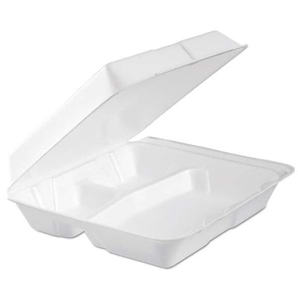 DART - Foam Hinged Lid Container, 3-Comp, 9.3 x 9 1/2 x 3, White, 100/Bag, 2 Bag/Carton - Exact Tool & Supply