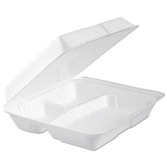 DART - Foam Hinged Lid Container, 3-Comp, 9.3 x 9 1/2 x 3, White, 100/Bag, 2 Bag/Carton - Exact Tool & Supply