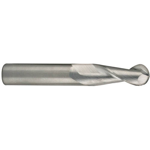20 mm Dia. × 20 mm Shank × 37.3 mm DOC × 104 mm OAL, Carbide Uncoated, Spiral , 2 Flute, 35° Helix, Ballnose End Mill - Exact Tool & Supply
