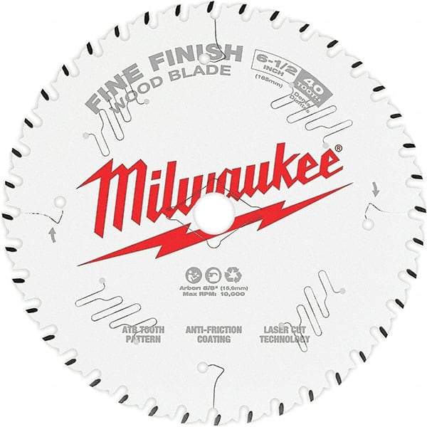 Milwaukee Tool - 6-1/2" Diam, 5/8" Arbor Hole Diam, 40 Tooth Wet & Dry Cut Saw Blade - Tungsten Carbide-Tipped, Fine Finish Action, Standard Round Arbor - Exact Tool & Supply