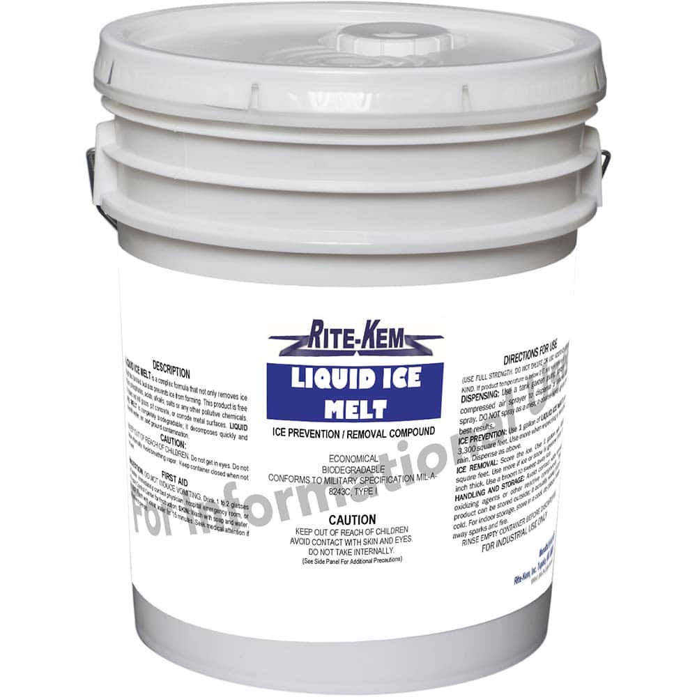 Rite-Kem - Ice & Snow Melters & De-Icers; Form: Liquid ; Container Size: 5 Gallon Pail ; Container Type: 5 Gal. Pail ; Effective Temperature (F): -20 ; Environmentally Safe: Yes ; Pallet Quantity: 36 - Exact Tool & Supply