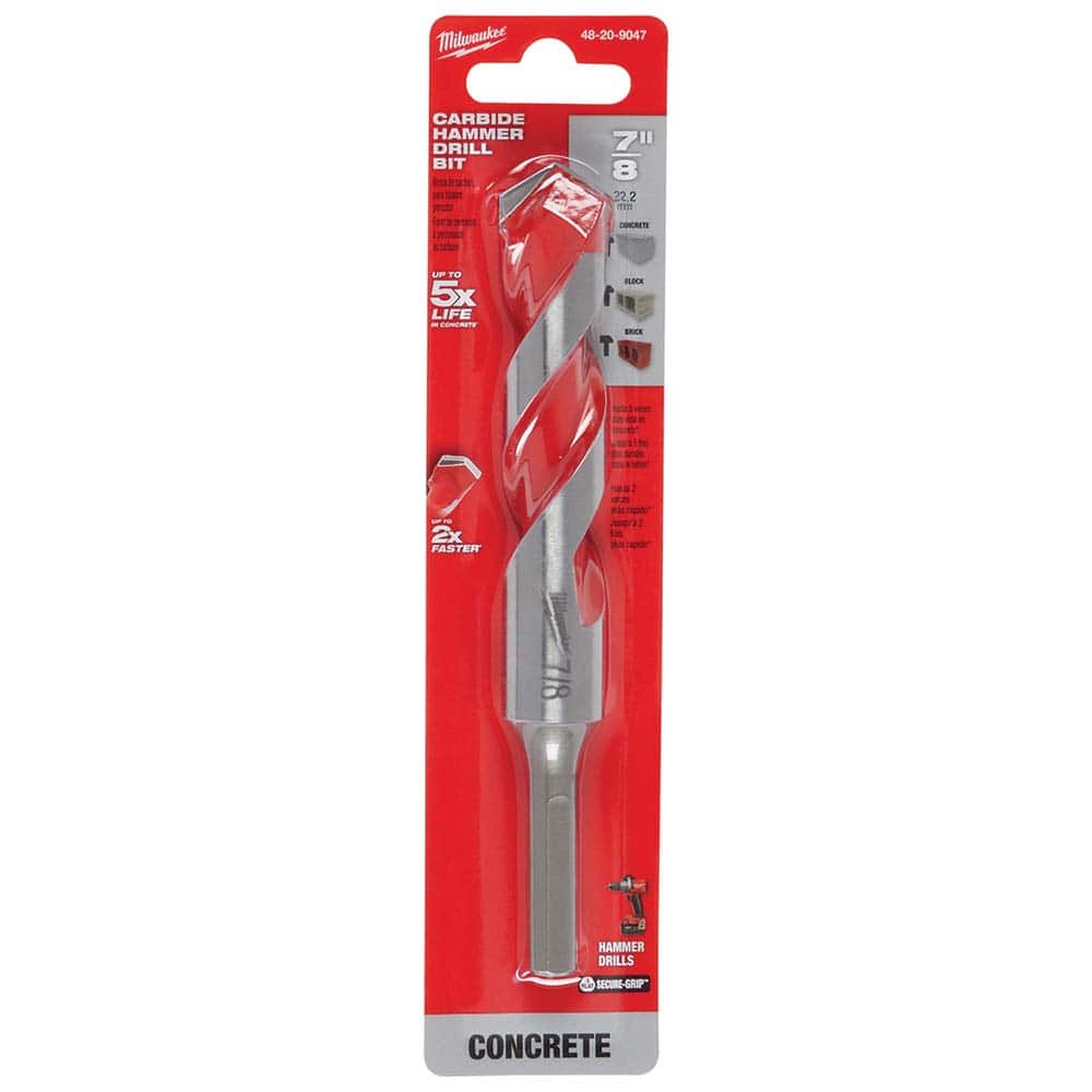Milwaukee Tool - Rotary Drill/Hammer Drill Bits; Drill Bit Size (Inch): 7/8 ; Shank Type: 3-Flat ; Usable Length (Inch): 4.0000 ; Drill Bit Material: Carbide Tipped ; Flute Length (Inch): 4 ; Number of Pieces: 1.000 - Exact Tool & Supply
