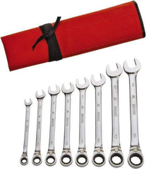 Proto - 8 Piece, 8mm to 18mm, 12 Point Ratcheting Reversible Combination Wrench Set - Metric Measurement Standard, Full Polish Finish, Comes in Pouch - Exact Tool & Supply