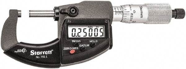 Starrett - 0 to 1" Range, Standard Throat IP67 Electronic Outside Micrometer - Ratchet Stop Thimble, Carbide Face, CR2032 Battery - Exact Tool & Supply