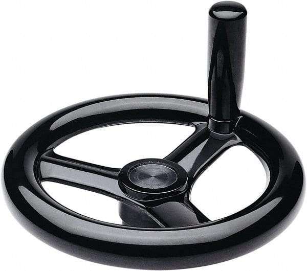 Elesa - 6.18", 3 Spoke Handwheel with Revolving Handle - 1.26" Hub, Duroplast, Black Glossy Finish - Exact Tool & Supply