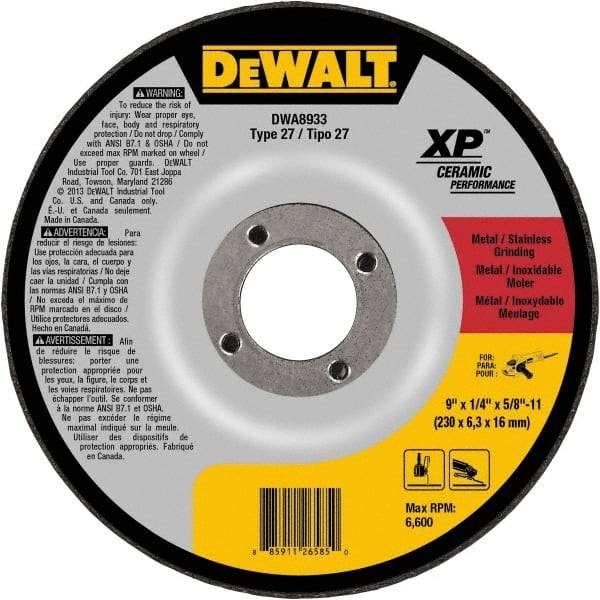 DeWALT - 24 Grit, 9" Wheel Diam, Type 27 Depressed Center Wheel - Coarse/Medium Grade, Ceramic, N Hardness, 6,600 Max RPM - Exact Tool & Supply