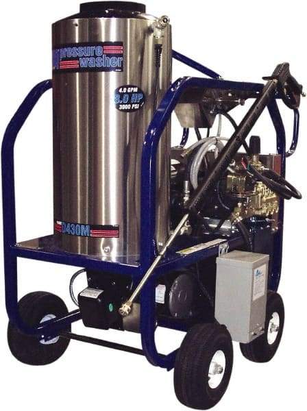PRO-SOURCE - Electric, 35 Amp, 8 hp, 3,000 psi, 4 GPM, Hot Water Pressure Washer - General Triplex Ceramic Plunger, 50' x 3/8" Hose, 220 Max Volts - Exact Tool & Supply