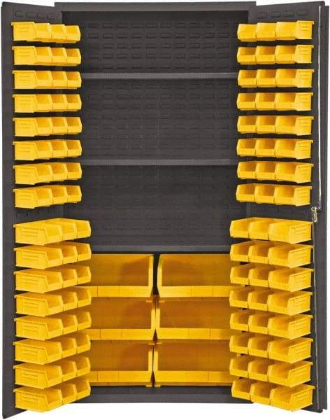 Durham - 3 Shelf 102 Bin Storage Cabinet - Steel, 36" Wide x 24" Deep x 72" High, Yellow - Exact Tool & Supply