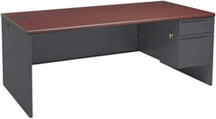 Hon - Steel-Reinforced High-Pressure Laminate/Metal Right Pedestal Desk - 72" Wide x 36" Deep x 29" High, Mahogany/Charcoal - Exact Tool & Supply