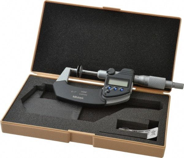 Mitutoyo - 0 to 1 Inch, Ratchet Stop Thimble, IP54 Water Resistance, Electronic Disc Micrometer - 0.0002 Inch Accuracy, 20mm Disc, 0.00005 Inch Resolution - Exact Tool & Supply