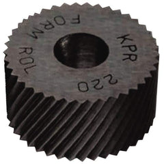 Made in USA - 5/8" Diam, 90° Tooth Angle, 35 TPI, Standard (Shape), Form Type High Speed Steel Right-Hand Diagonal Knurl Wheel - 1/4" Face Width, 1/4" Hole, Circular Pitch, 30° Helix, Bright Finish, Series GK - Exact Tool & Supply