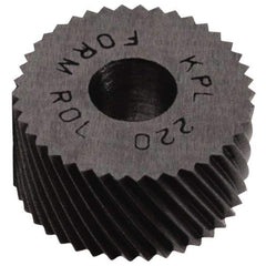 Made in USA - 5/8" Diam, 70° Tooth Angle, 50 TPI, Standard (Shape), Form Type Cobalt Left-Hand Diagonal Knurl Wheel - 1/4" Face Width, 1/4" Hole, Circular Pitch, 30° Helix, Bright Finish, Series GK - Exact Tool & Supply