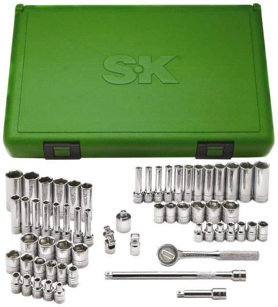 SK - 60 Piece 1/4" Drive Deep Well Socket Set - 6 Points, 1/8" to 5/8" (4mm to 16mm) Range, Inch/Metric Measurement Standard - Exact Tool & Supply