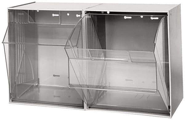 Quantum Storage - 23-5/8" Wide x 13-7/8" High x 11-7/8" Deep, Small Parts Tip Out Stacking Bin Organizer - Polystyrene Frame, 2 Compartments, 11-1/16" Wide x 13-5/8" High x 8-7/8" Deep Bin - Exact Tool & Supply