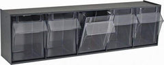 Quantum Storage - 23-5/8" Wide x 6-1/2" High x 5-1/4" Deep, Small Parts Tip Out Stacking Bin Organizer - Polystyrene Frame, 5 Compartments, 4-1/4" Wide x 5-3/4" High x 3-3/4" Deep Bin - Exact Tool & Supply