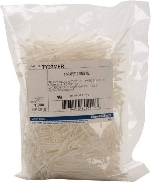 Thomas & Betts - 3.62" Long White Nylon Standard Cable Tie - 18 Lb Tensile Strength, 0.77mm Thick, 6" Max Bundle Diam - Exact Tool & Supply