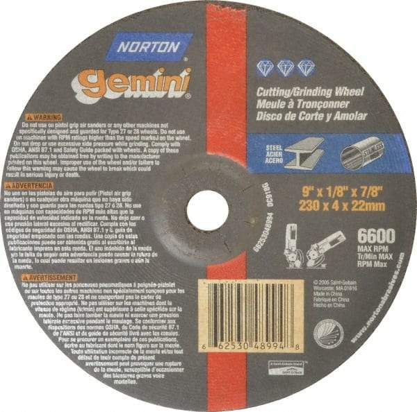 Norton - 24 Grit, 9" Wheel Diam, 1/8" Wheel Thickness, 7/8" Arbor Hole, Type 27 Depressed Center Wheel - Aluminum Oxide, 6,600 Max RPM, Compatible with Angle Grinder - Exact Tool & Supply