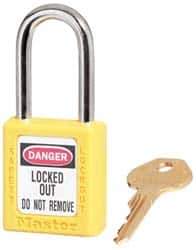 Master Lock - Keyed Alike Conductive Lockout Padlock - 1-1/2" Shackle Clearance, 1/4" Shackle Diam, 1-3/4" Body Height x 1-1/2" Body Width, Yellow, 6 Pins - Exact Tool & Supply