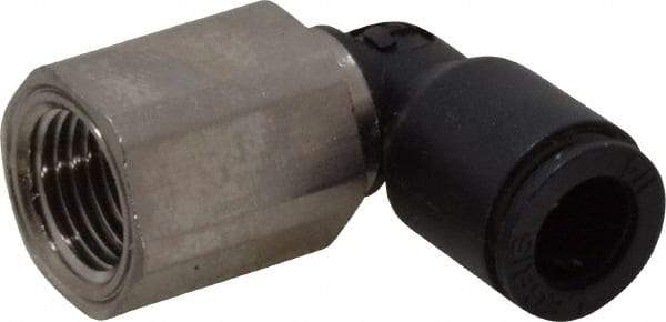 Legris - 1/4" OD, 1/8 NPT, Nylon/Nickel Plated Brass Push-to-Connect Female Elbow - 290 Max psi - Exact Tool & Supply
