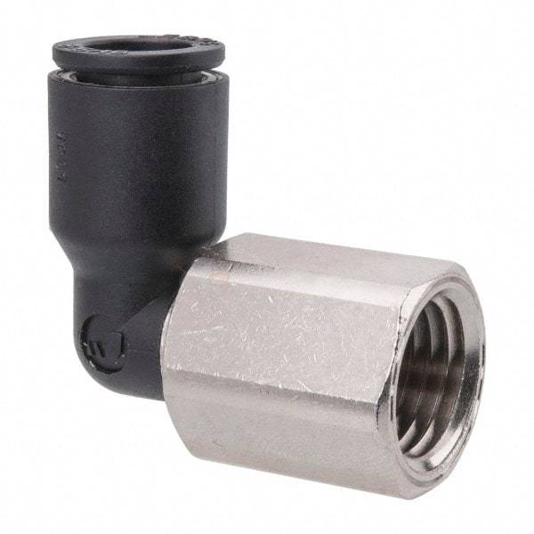 Legris - 5/16" OD, 1/4 NPT, Nylon/Nickel Plated Brass Push-to-Connect Female Elbow - 290 Max psi - Exact Tool & Supply
