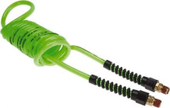 Coilhose Pneumatics - 1/4" ID, 1/4 Thread, 10' Long, Neon Green Polyurethane Coiled & Self Storing Hose - 125 Max psi, Male Swivel x Male Swivel with Strain Relief - Exact Tool & Supply