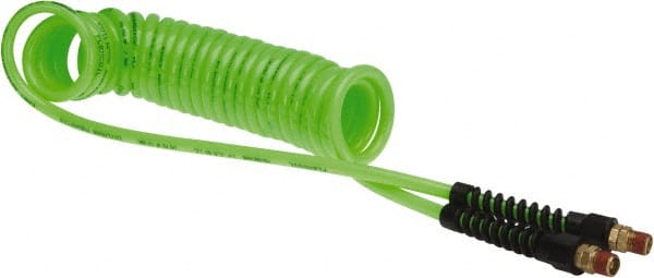 Coilhose Pneumatics - Coiled & Self-Storing Hose; Inside Diameter (Inch): 1/4 ; Material: Polyurethane ; Fitting Type: Male Swivel x Male Swivel w/Strain Relief ; Length (Feet): 15 ; Thread Size: 1/4 ; Color: Neon Green - Exact Tool & Supply