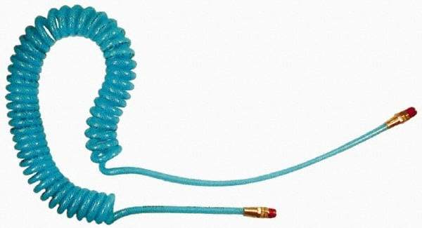 Coilhose Pneumatics - 3/8" ID, 1/4 Thread, 20' Long, Transparent Blue Polyurethane Coiled & Self Storing Hose - 200 Max psi, Male Swivel x Male Swivel - Exact Tool & Supply