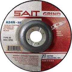 Sait - 24 Grit, 4-1/2" Wheel Diam, 1/4" Wheel Thickness, 7/8" Arbor Hole, Type 28 Depressed Center Wheel - Aluminum Oxide, Resinoid Bond, N Hardness, 13,300 Max RPM, Compatible with Angle Grinder - Exact Tool & Supply