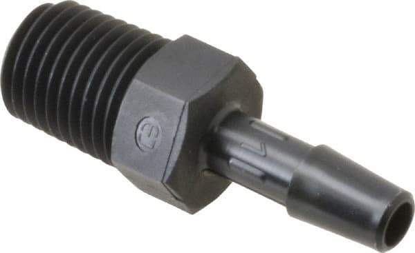 Made in USA - 1/4" Barb, 1/4, Nylon Single Barbed Tube Adapter - Black, Male - Exact Tool & Supply