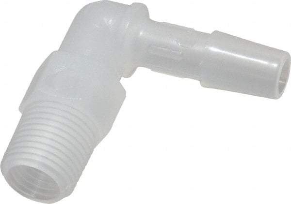 Made in USA - 1/4" Barb, 1/4, Polypropylene Single Barbed Tube Elbow - Natural, Male - Exact Tool & Supply