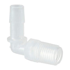 Made in USA - 3/8" Barb, 3/8, Polypropylene Single Barbed Tube Elbow - Natural, Male - Exact Tool & Supply