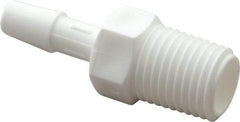 Made in USA - 1/4" Barb, 1/4, Polypropylene Single Barbed Tube Adapter - White, Male - Exact Tool & Supply