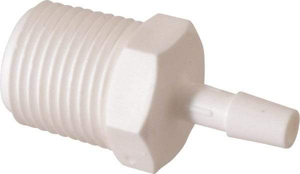 Made in USA - 1/4" Barb, 1/4, Polypropylene Single Barbed Tube Adapter - White, Male - Exact Tool & Supply