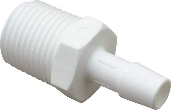 Made in USA - 3/8" Barb x 1/2"NPT, Polypropylene Single Barbed Tube Adapter - White, Male - Exact Tool & Supply