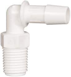 Made in USA - 3/8" Barb, 3/8, Polypropylene Single Barbed Tube Elbow - White, Male - Exact Tool & Supply