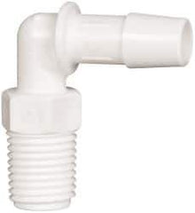 Made in USA - 3/8" Barb, 3/8, Polypropylene Single Barbed Tube Elbow - White, Male - Exact Tool & Supply
