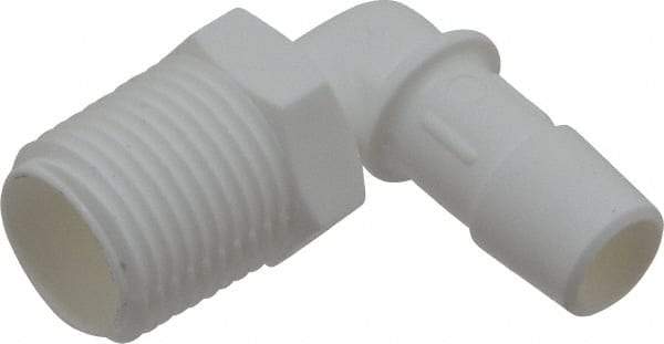Made in USA - 1/2" Barb, 1/2, Polypropylene Single Barbed Tube Elbow - White, Male - Exact Tool & Supply