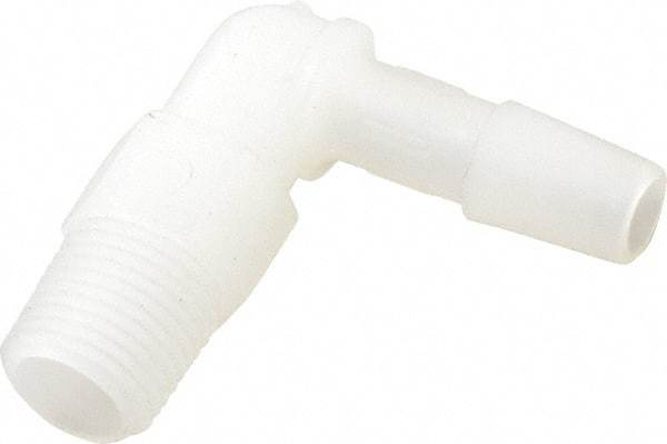 Made in USA - 1/4" Barb, 1/4, Kynar Single Barbed Tube Elbow - Natural, Male - Exact Tool & Supply