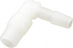 Made in USA - 1/4" Barb, 1/4, Kynar Single Barbed Tube Elbow - Natural, Male - Exact Tool & Supply