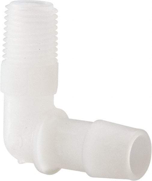 Made in USA - 1/2" Barb, 1/2, Kynar Single Barbed Tube Elbow - Natural, Male - Exact Tool & Supply