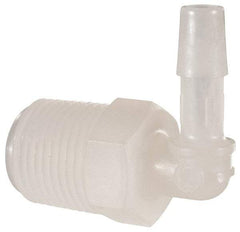Made in USA - 1/4" Barb, 1/4, Kynar Single Barbed Tube Elbow - Natural, Male - Exact Tool & Supply